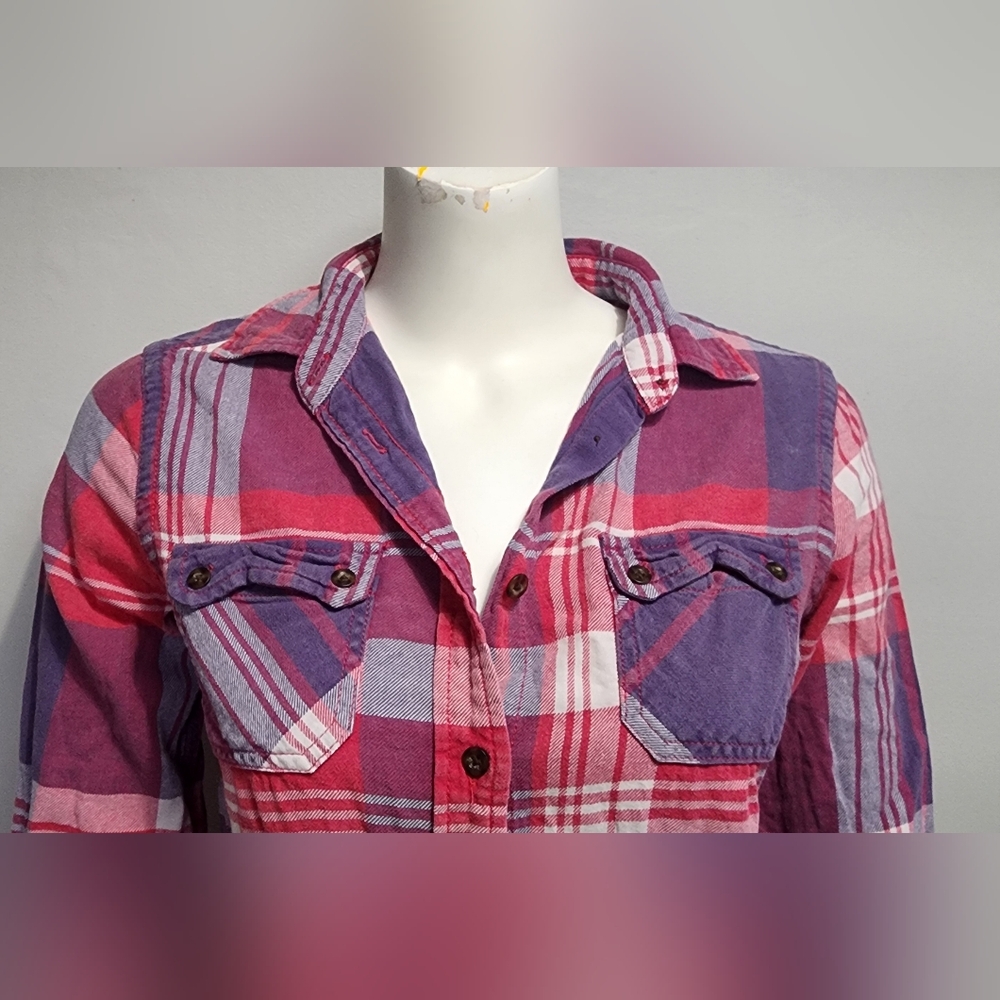 American Eagle Womens Favorite Fit Pink Purple Flannel Plaid Button Up Small S - Picture 3 of 12